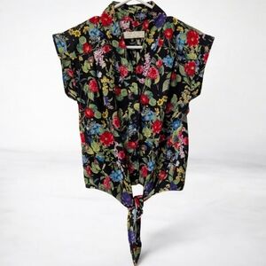 Annie 50 V Neck Button Down Front Tie Floral Top Blouse